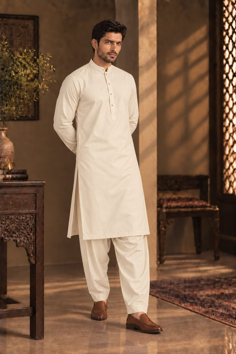 Cream Regular Suit — Sherwani Collar